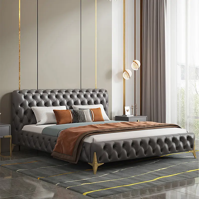Chesterfield villa letto moderno di lusso classico con ciuffi imbottiti king size in pelle di velluto telaio per camera da letto