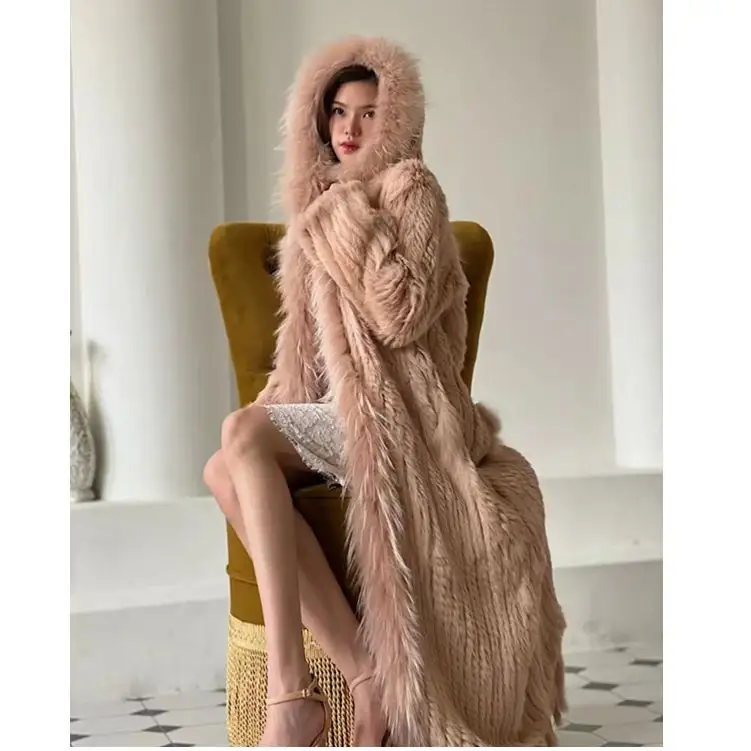 YRFUR YR023 Fashion Design lavorato a mano vera pelliccia di coniglio con pelliccia di cane procione rifilatura X-lungo cappotto
