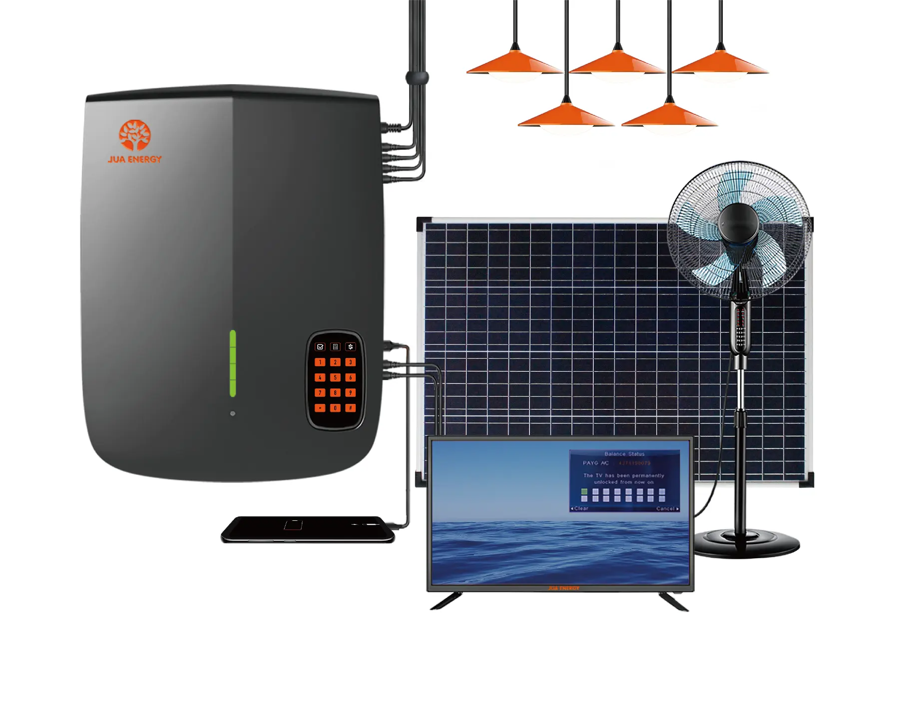 JUA Energy Pay As You Go 80W Solar panel 5 LED-Leuchten Solar Home Power System mit 24-Zoll-TV DC-Lüfter Radio USB-Aufladung