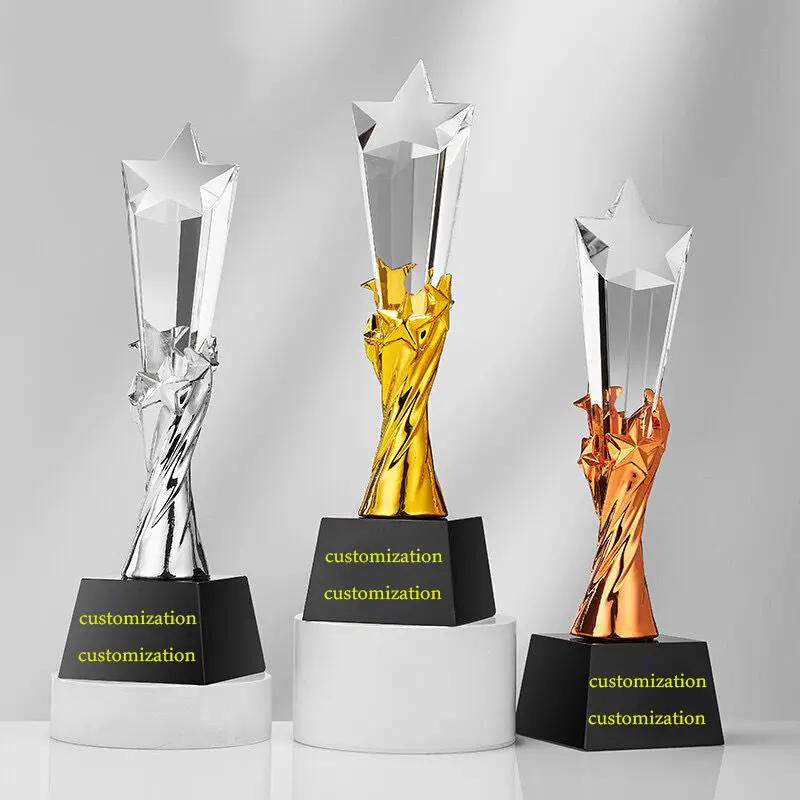 Souvenir Gift Custom Crystal Glass Trophy With Metal Star Glass Trophy Awards