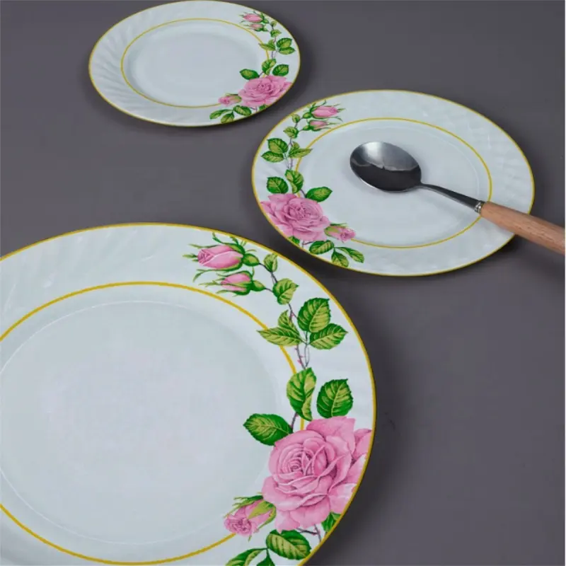 Verrerie opale de luxe de haute qualité assiettes à dîner florales assiettes de vaisselle de mariage 3 pièces 6 pièces ensemble assiette plat de fête ronde pigmentée