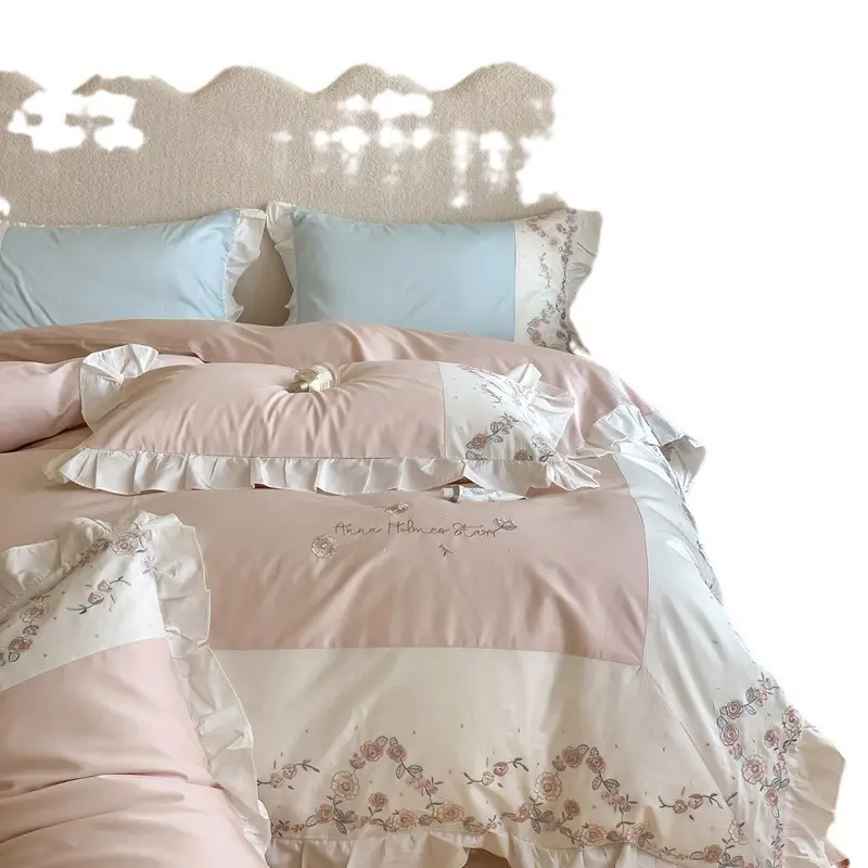 100S Langstapel-Baumwollmaschine Stickerei-Bett 4-teiliges Set Deckenbezug Deckenlaken Bettwäsche Nantong Fabrik Großhandel
