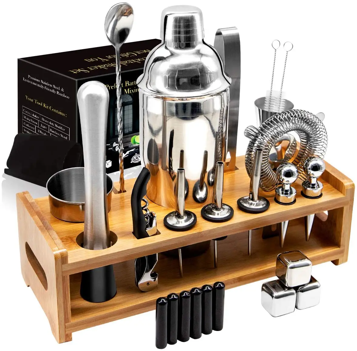 Hot Seller 26 Stück Edelstahl 750ml Cocktail Shaker Bar Werkzeug zubehör Set für Home Bar Set mit Bambus ständer