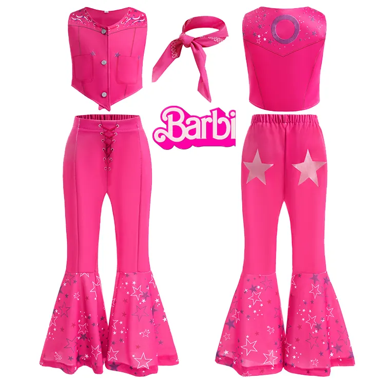 Niños Barbies Niñas Disfraz Western Hippie Disco Trajes Uniforme Rosa Margot Robbie Cosplay Fiesta Cumpleaños Vestir