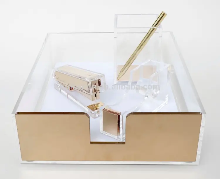 Deluxe acrílico moderno suministros de oficina oro grapadora carta bandeja sostenedor de la pluma conjunto estacionario para la venta al por mayor