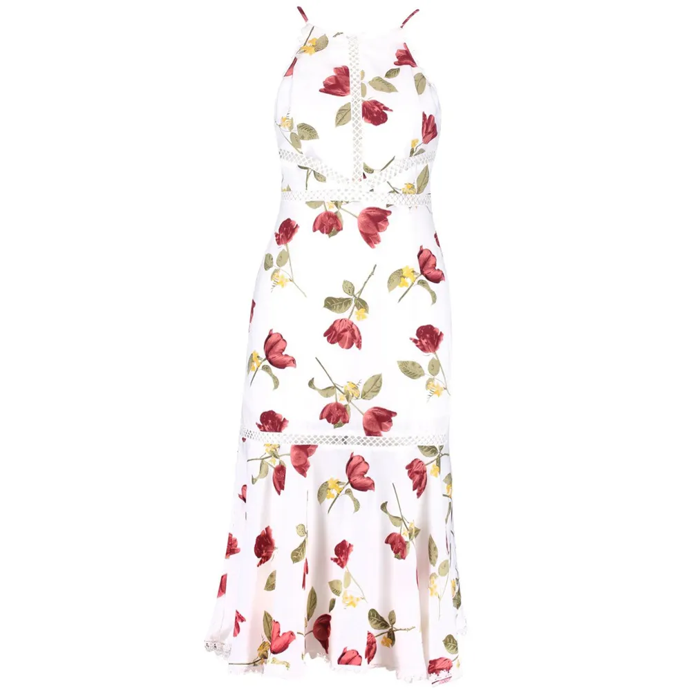 Stylish Sexy Dress Elegant All Over Printed Flower Spaghetti Strap Flare Hem Midi Dress Girl