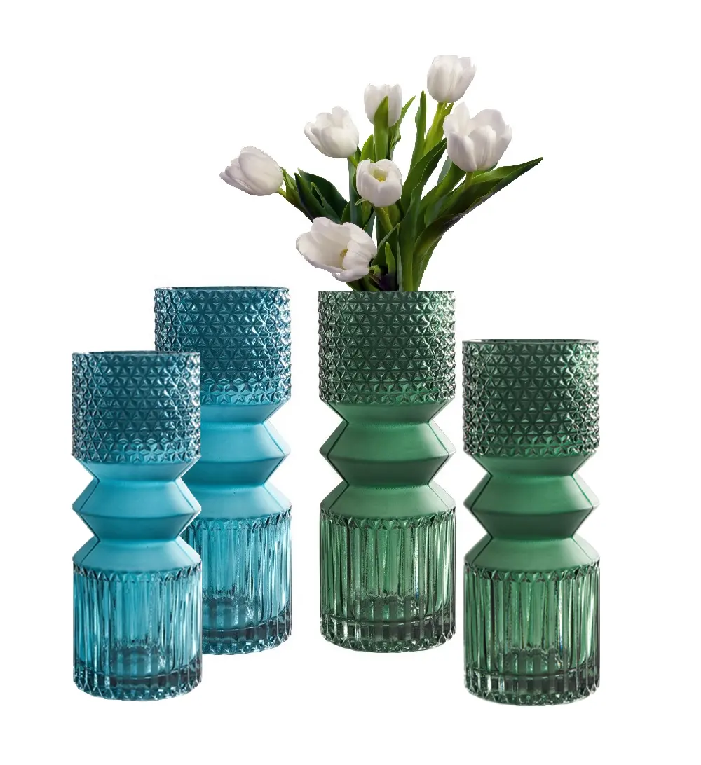 Wholesale Recycled Three-dimensional Embossed Retro Colored Geometry Green Blue Glass Flower Vase for home decor