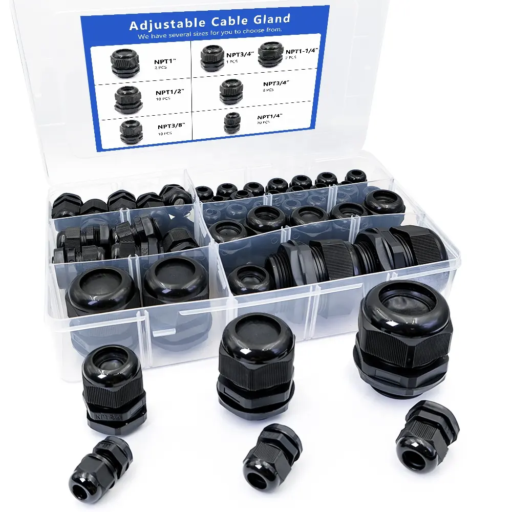 NPT 50PCS Waterproof IP68 Strain Relief Junction Connector Black Pasacables Polyamide Set Cord Grip Nylon Cable Glands Kit