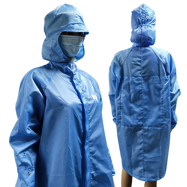 ALLESD disesuaikan 5mm garis 99% poliester ESD pakaian anti statis pembersih ruang Lab mantel Esd baju dengan tudung