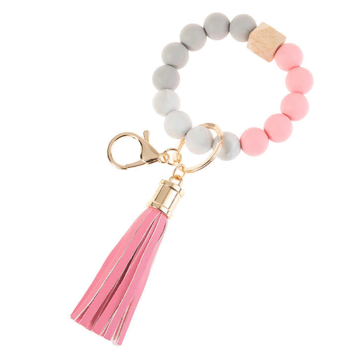 LLavero de cuentas de madera con borla de cuero PU, pulsera elástica con cuentas de silicona
