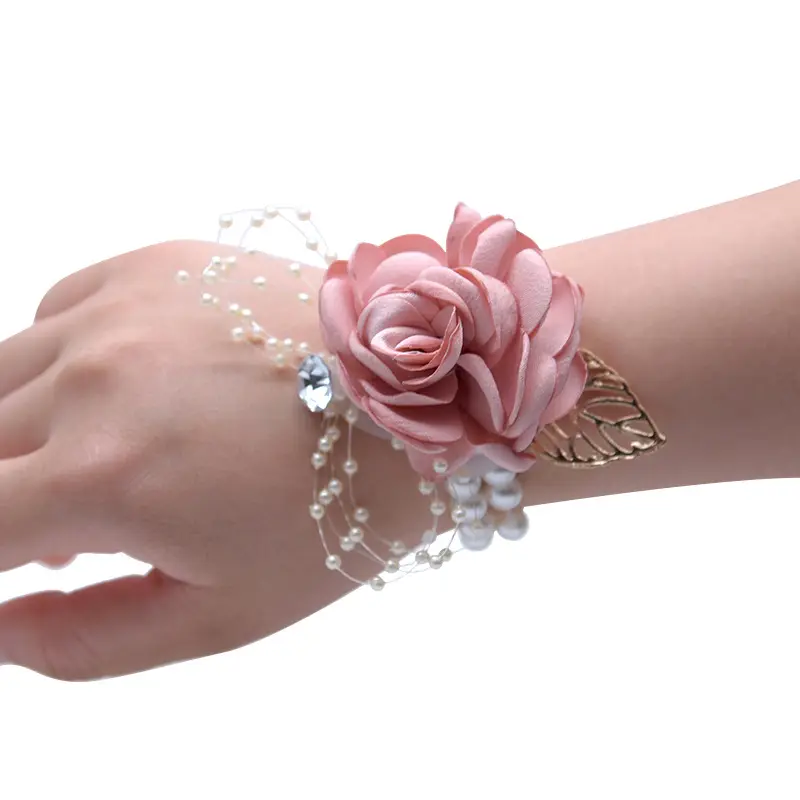 YBL02-483 para decoración de boda, ramillete de muñeca Artificial con flores de mano, pulsera elástica con diamantes de imitación