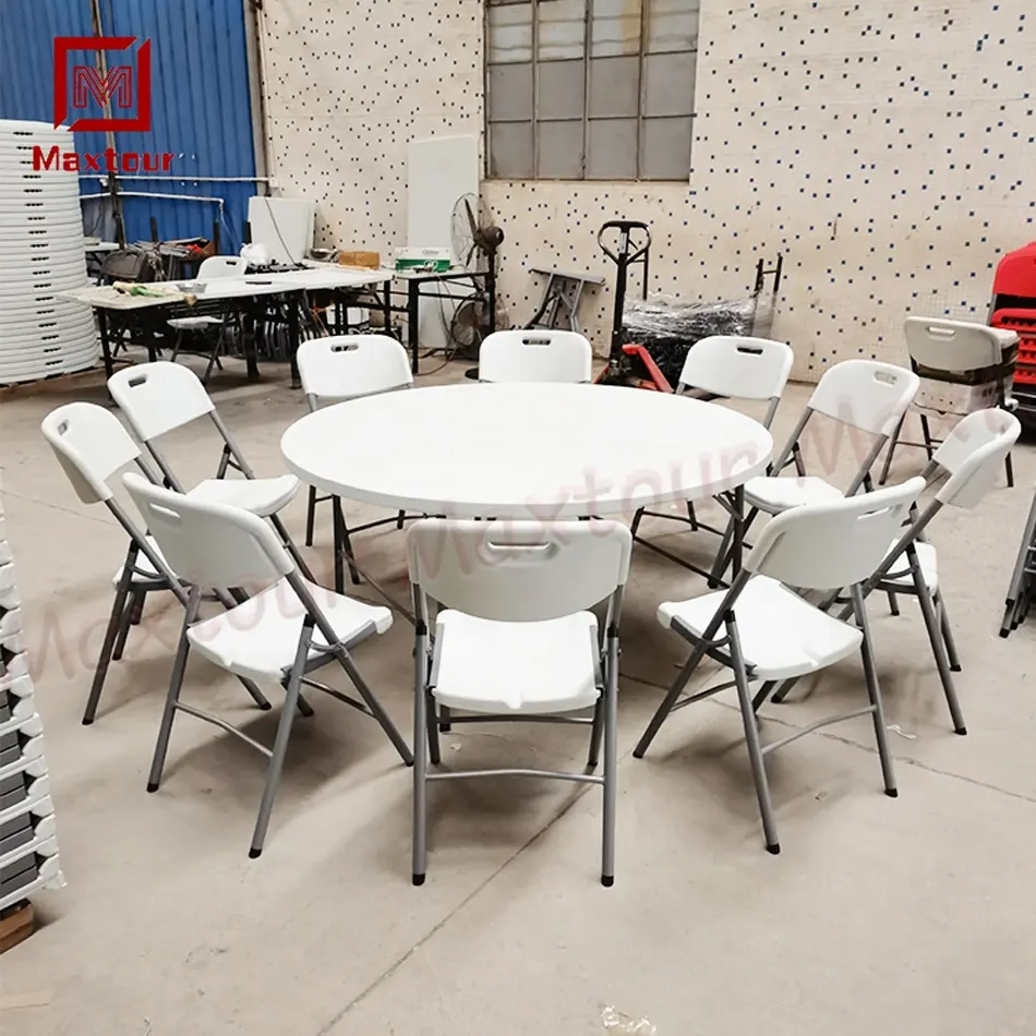 Meja makan piknik lipat dalam/luar ruangan plastik putih bulat bahan plastik bengkel kantor rumah pernikahan