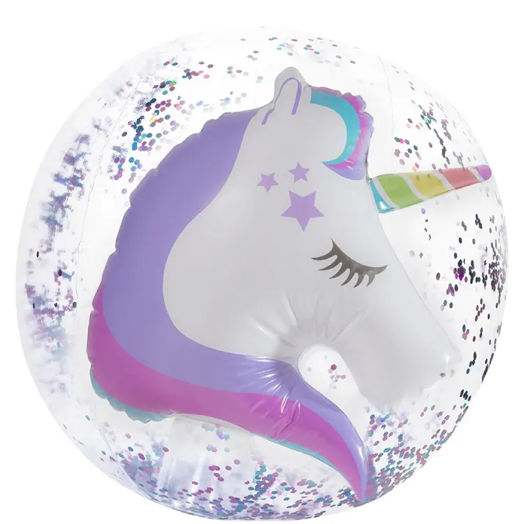 Fabbrica su misura glitter in vinile gonfiabile 3D unicorno beach ball coriandoli per far saltare in aria palla da nuoto