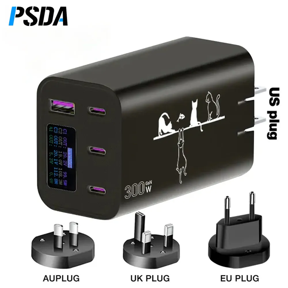 PSDA 3D PD 300W Desktop Charger 4 Port AU UK EU US Charge Phone Laptop Tablet PC intelligent Matching GaN Fast Charge Power