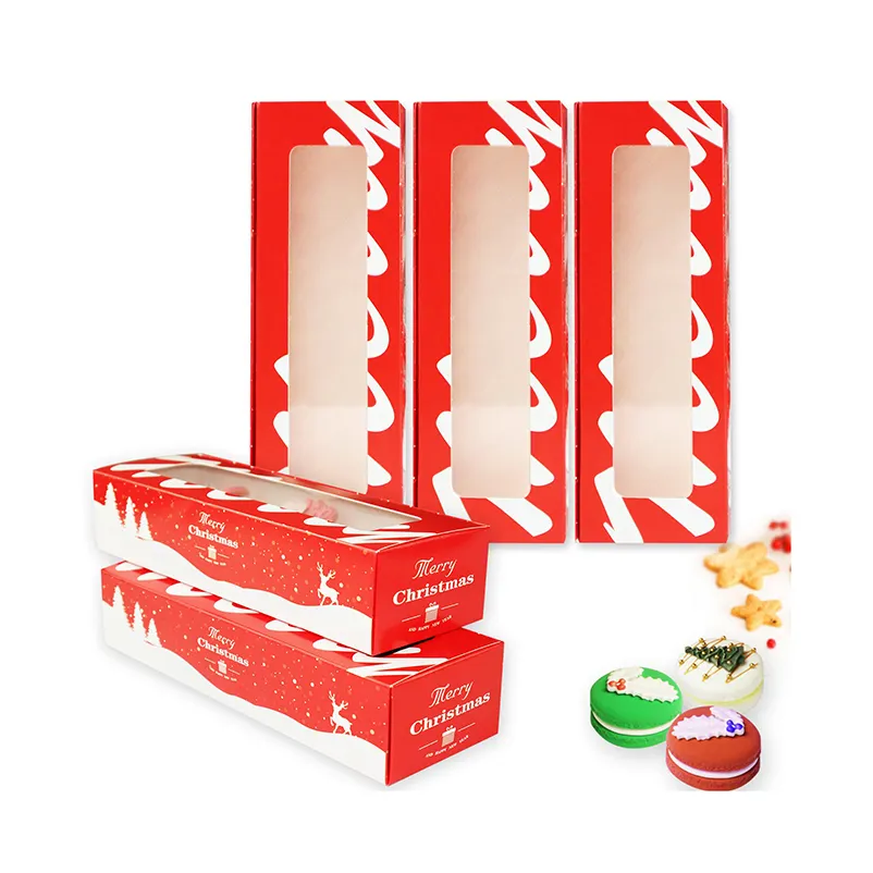Venta al por mayor personalizado regalo de Navidad macarrón galletas contenedor cajas de panadería con ventana transparente embalaje