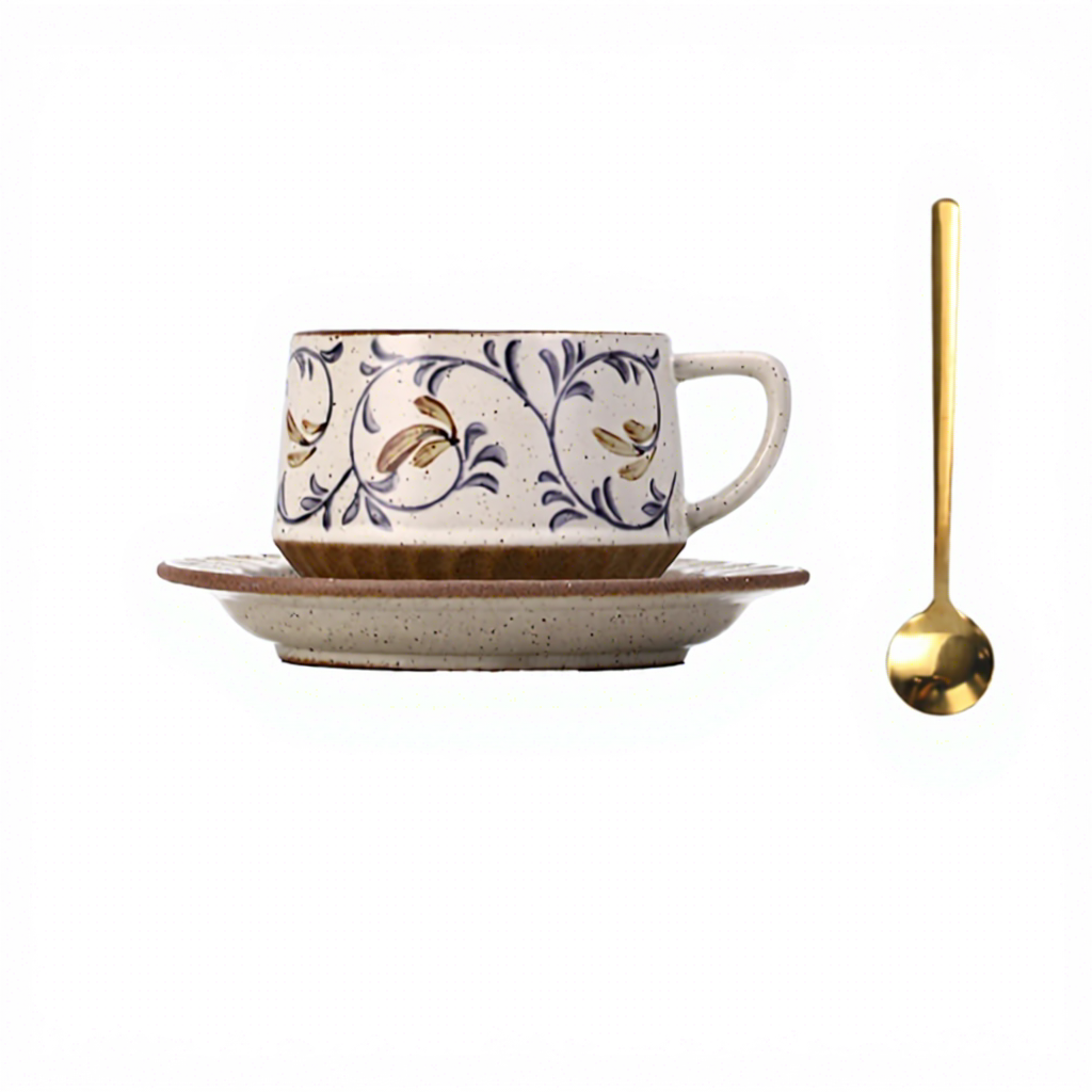 Juego de taza de café con forma de flor, plato y cuchara - Tang Grass - 300ml