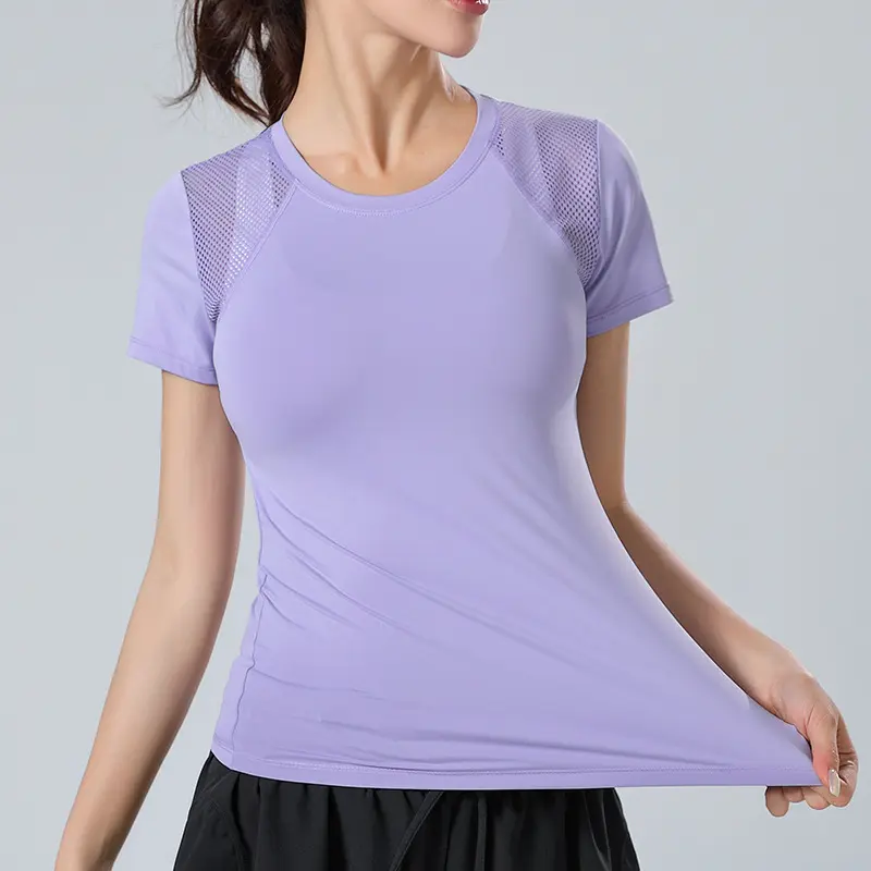 Roupa esportiva de yoga, camiseta de malha respirável para mulheres, roupas fitness de secagem rápida, gola redonda, slim fit