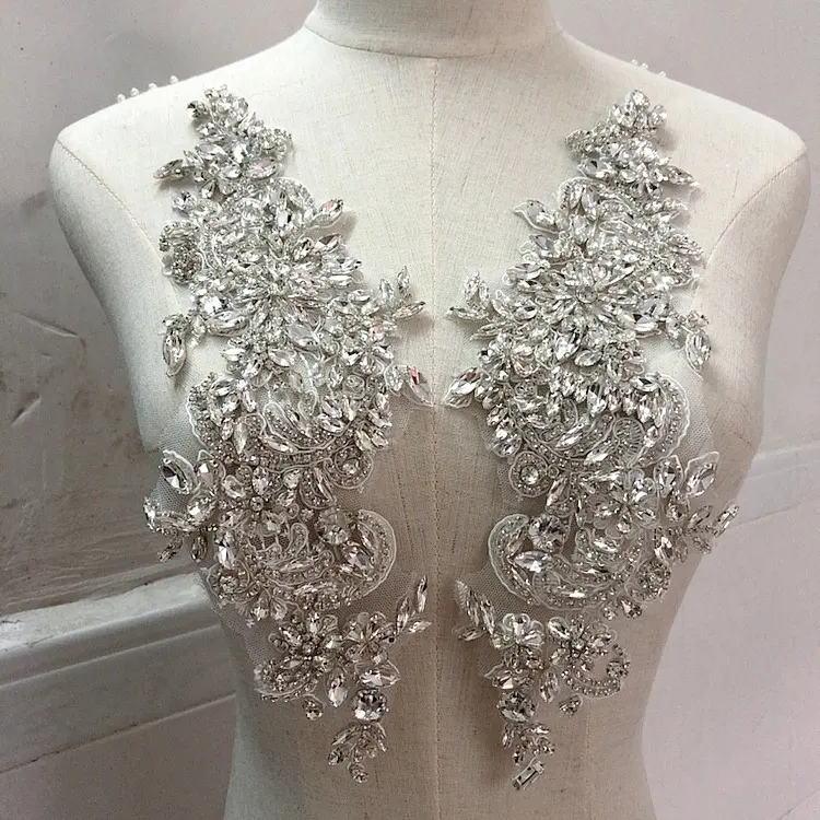 Vestido de lujo con diamantes de imitación para novia, corpiño de cristal con apliques para el cuello, parche para coser