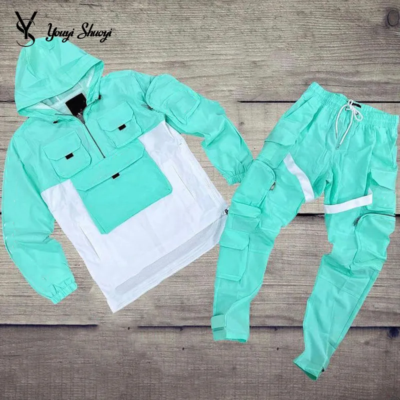 YSJY Custom Logo Multi Pocket Nylon Windproof Jogger Tracksuit Sweatsuit 2 Piece Men Clothing Sets