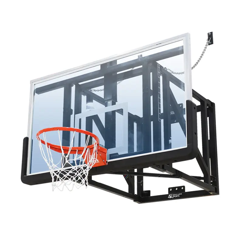 Aro de baloncesto de altura ajustable montado en la pared interior personalizado con tablero trasero de vidrio templado