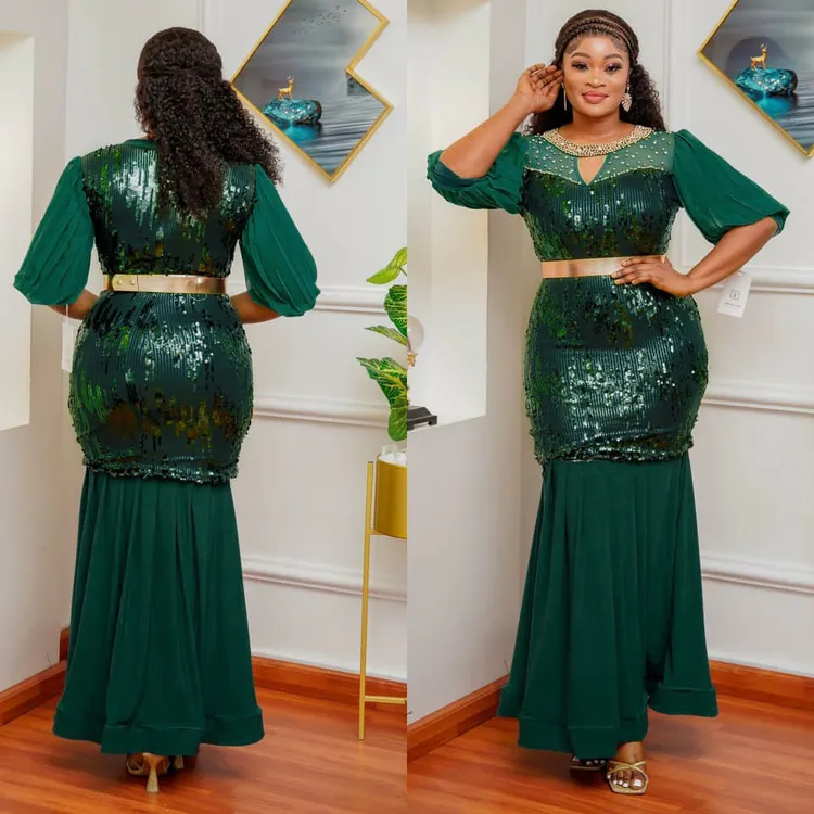 2023 mode jupe Style ethnique africain robe élastique à manches longues paillettes diamant hôte Banquet demoiselle d'honneur robe de soirée queue de poisson