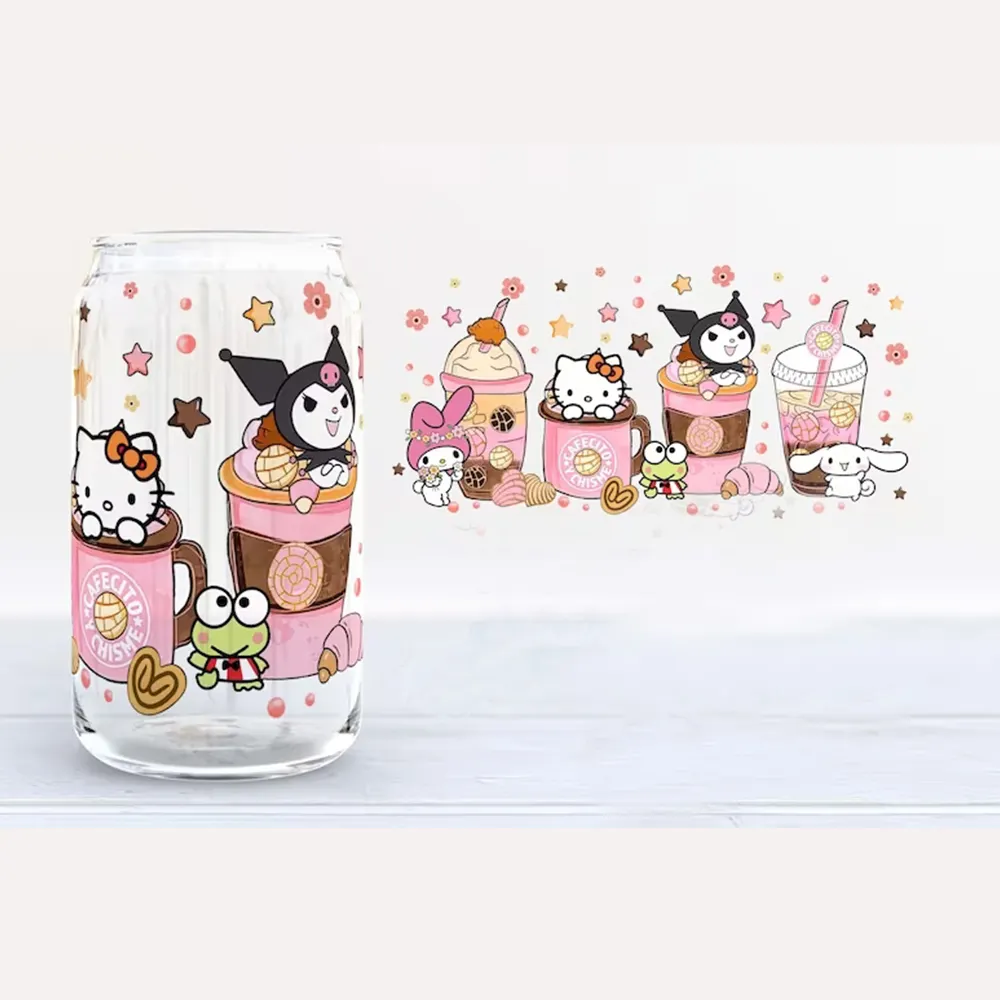 16oz 20oz 24oz Sanrio Libbey Canecas De Vidro Tumbler Wrap UV DTF Film Rob On Cold Transfers Adesivos para Artesanato Decalque para sanrio