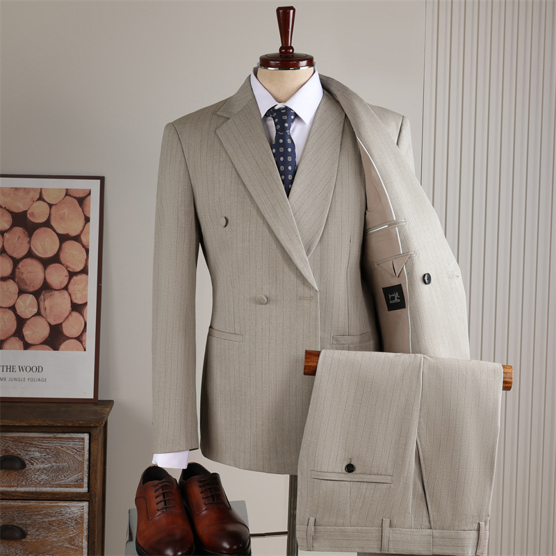 Khaki stripes-suit vest and trousers