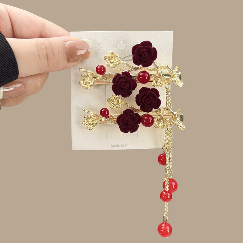 Fleurs doubles rouges floquées-ensemble de 2
