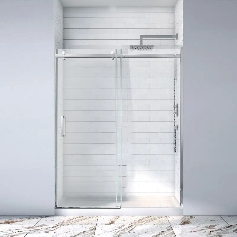Porte de douche coulissante pour hôtel Boîtier de salle de bain Maison Villa Acier inoxydable Moustiquaire de porte de douche coulissante en verre de 8mm