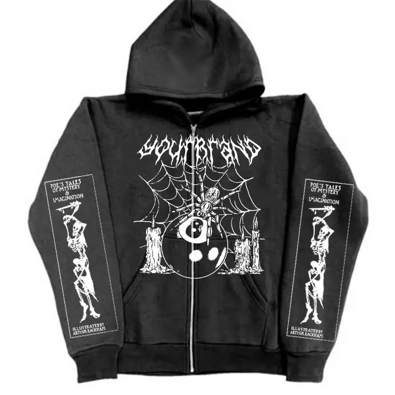 OEM individuelle Streetwear französisches Terry Reißverschluss Hoodie 100 % Baumwolle Reißverschluss Siebdruck Spider Hoodie Übergröße Grafiken Hoodie für Herren