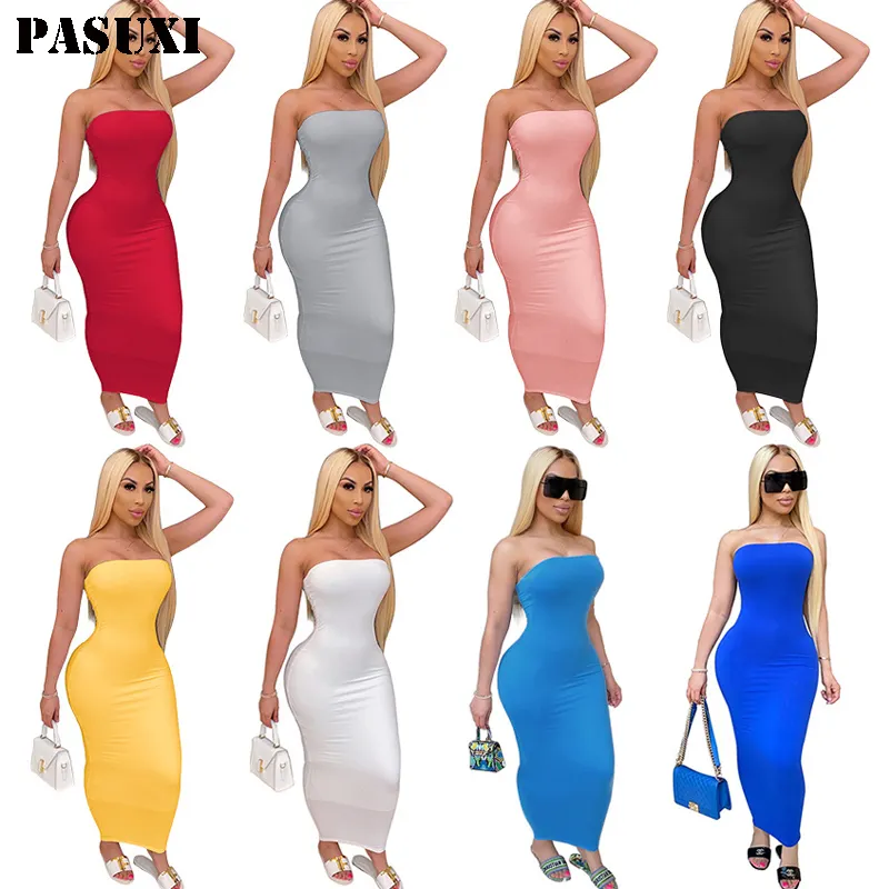 PASUXI, novedad de 2024, vestido informal de tubo largo para mujer, vestidos ajustados sin espalda de Color sólido para mujer