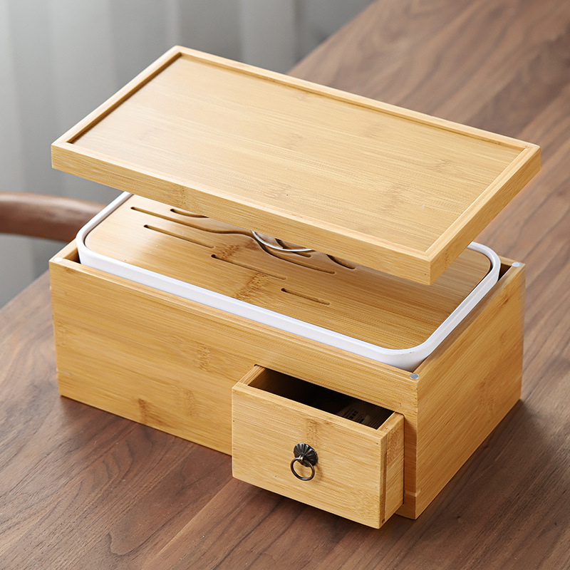 Small rectangular melamine tea tray storage box - natural bamboo color