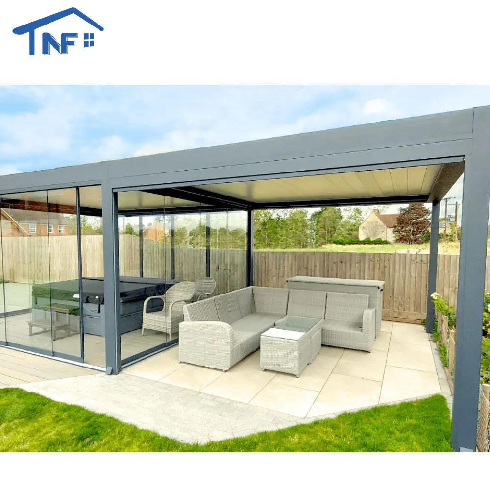 Modern otomatik veranda Gazebo açık kemerler Bioclimatic alüminyum Pergola açılış Louvred çatı Gazebo