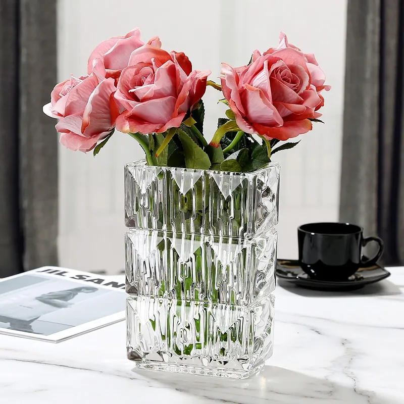 Vase de luxe en verre cristal de haute qualité pour salon, Vase aquatique Transparent épaissi plat Rectangle rousse