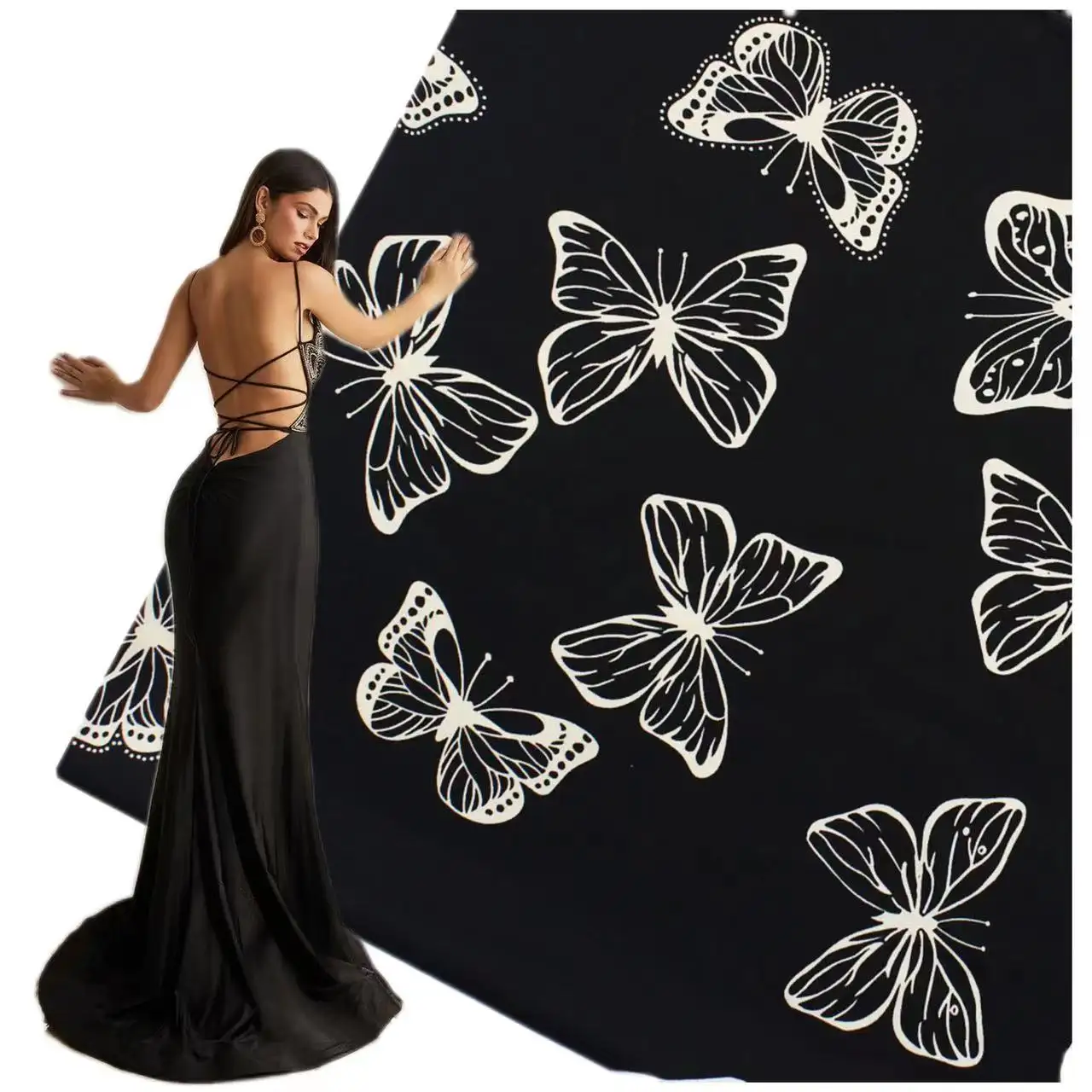 Gece elbisesi elbise zarif tırmanmak kelebek desen dijital baskılı uzun elbisesi için yumuşak cilt saten ipek kumaş