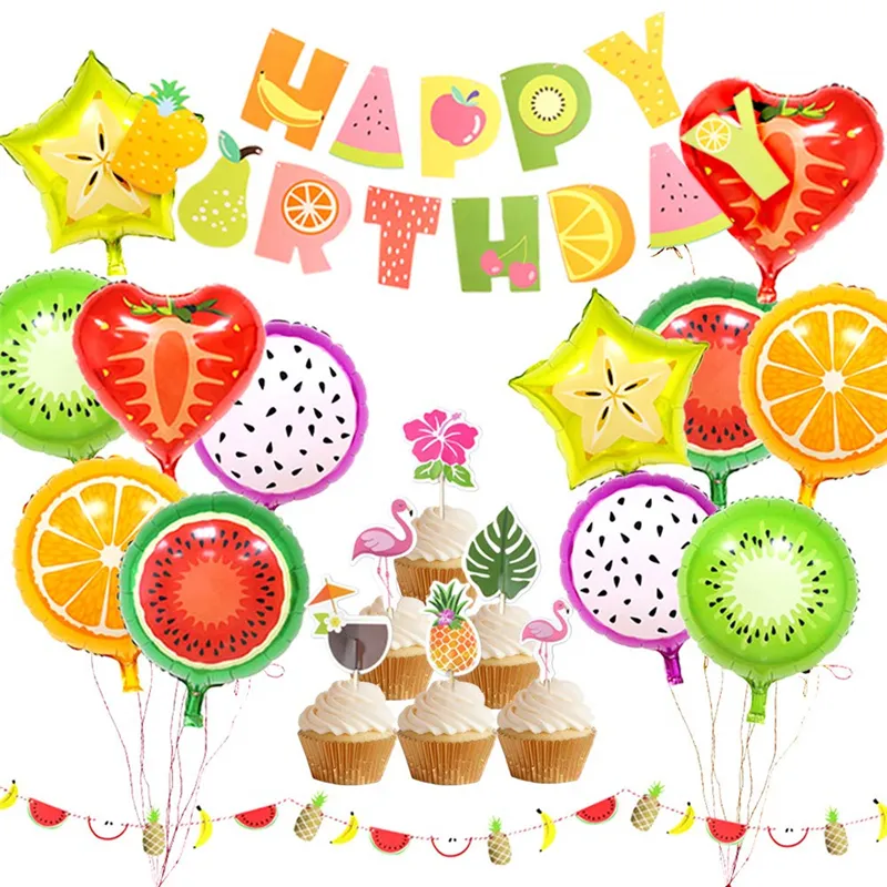 Fruit Party Decoraties Gelukkige Verjaardag Banner Fruit Ballonnen Cupcake Toppers Voor Luau Fruit Thema Party