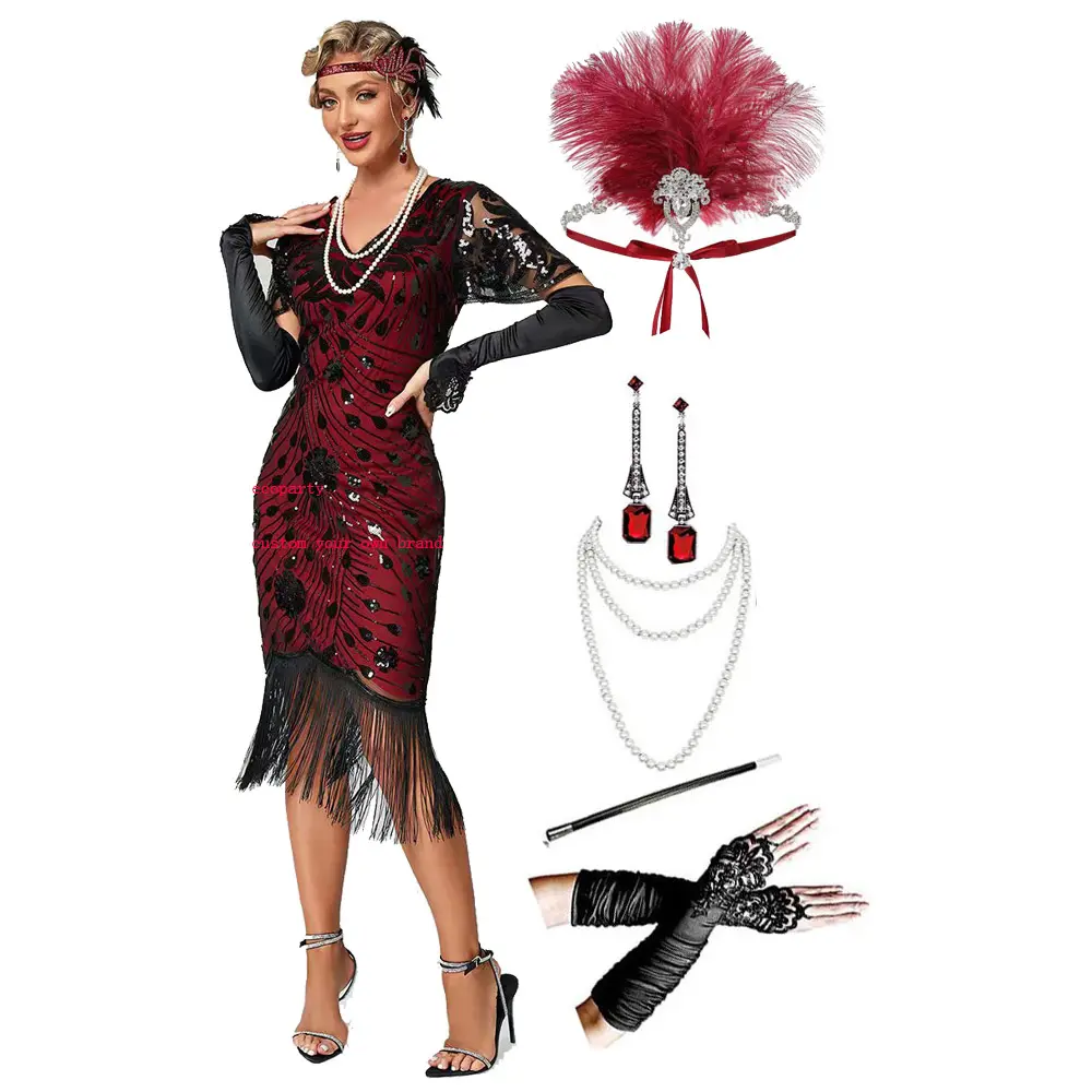 Vestido de festa ecoparty 1920s vintage com babado borlas bainha de lantejoulas para cocktail vestidos altos formais frisado grande vestido Gatsby