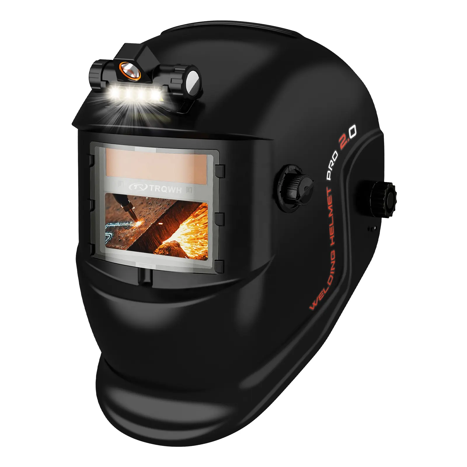 TRQ TIG MIG 자동 디밍 용접 헬멧은 어두운 환경에서 작동하는 용접 헬멧 용 LED 헤드 라이트를 사용자 정의 할 수 있습니다