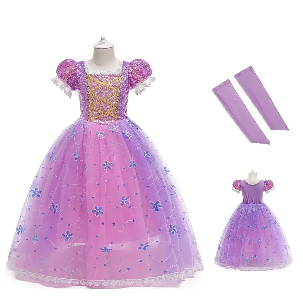 Halloween Rapunzel Vestido Branco Neve Congelado Roupas Vestido das crianças Roxo tule Doce Vento vestido