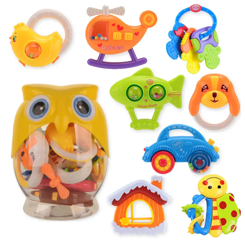 9pcs Babies grab shaking and spin rattle bell rattles toy early educational toys with owl bottle gifts set