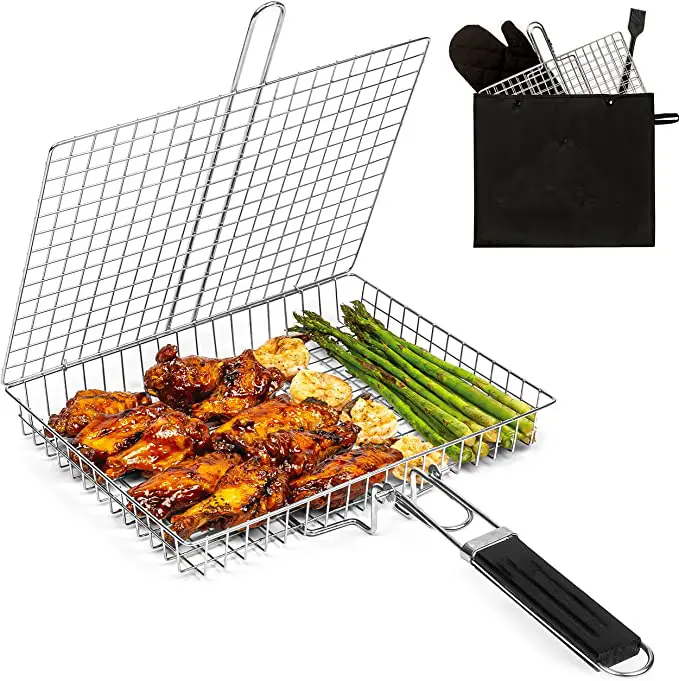 Portable Barbecue BBQ Grill Wire Mesh Net Tools with Removable Wooden Handle