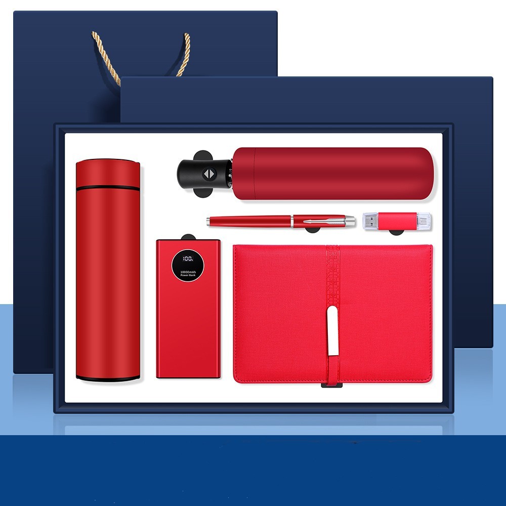 6pcs set(thermos+notebook+pen+umbrella+usb drive+power bank)red