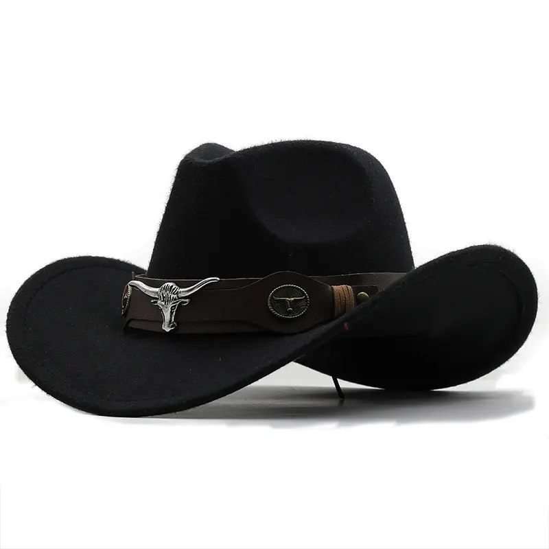 New Wome Men Black Wool Cap Western Cowboy Hat Gentleman Jazz Sombrero Hombre Cap Dad Cowgirl cappelli taglia 56-58cm