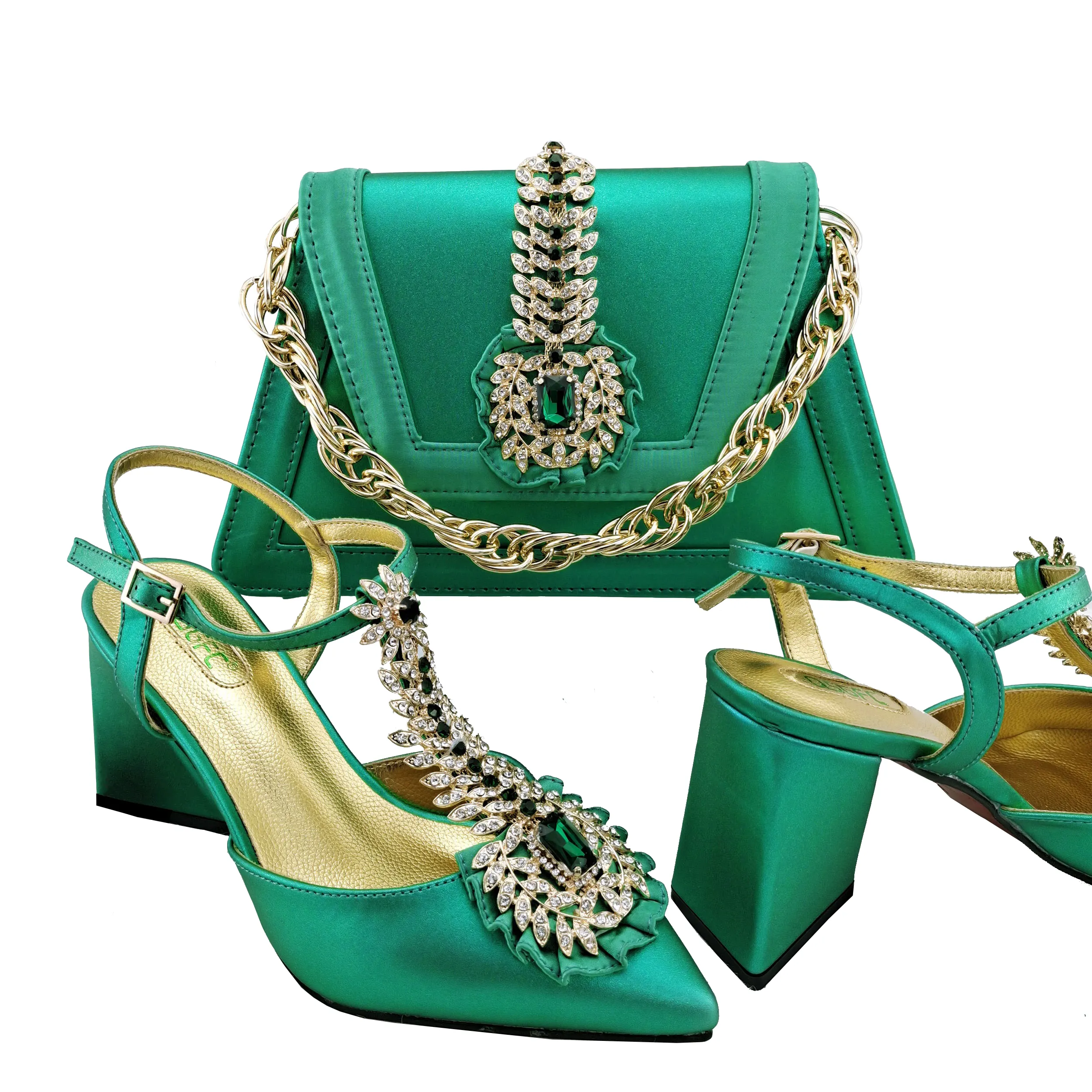 Bolsa de mão com diamantes brilhantes para mulheres, conjunto de sapatos de salto alto para festas na Nigéria, novidade da moda