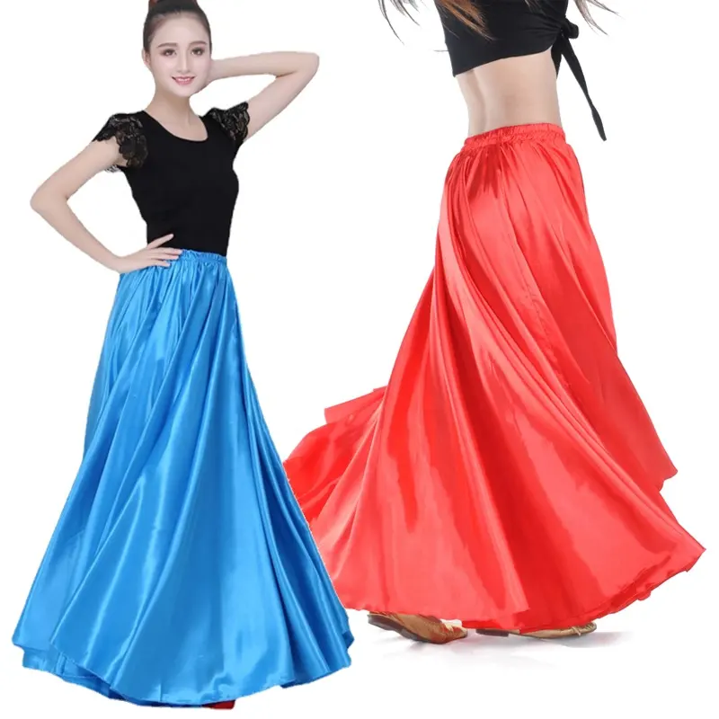 Womens Satijn Maxi Rokken Spaanse Buikdans Kostuum Flamenco Zijde Enkellengte Swing Jurk Lange Rok