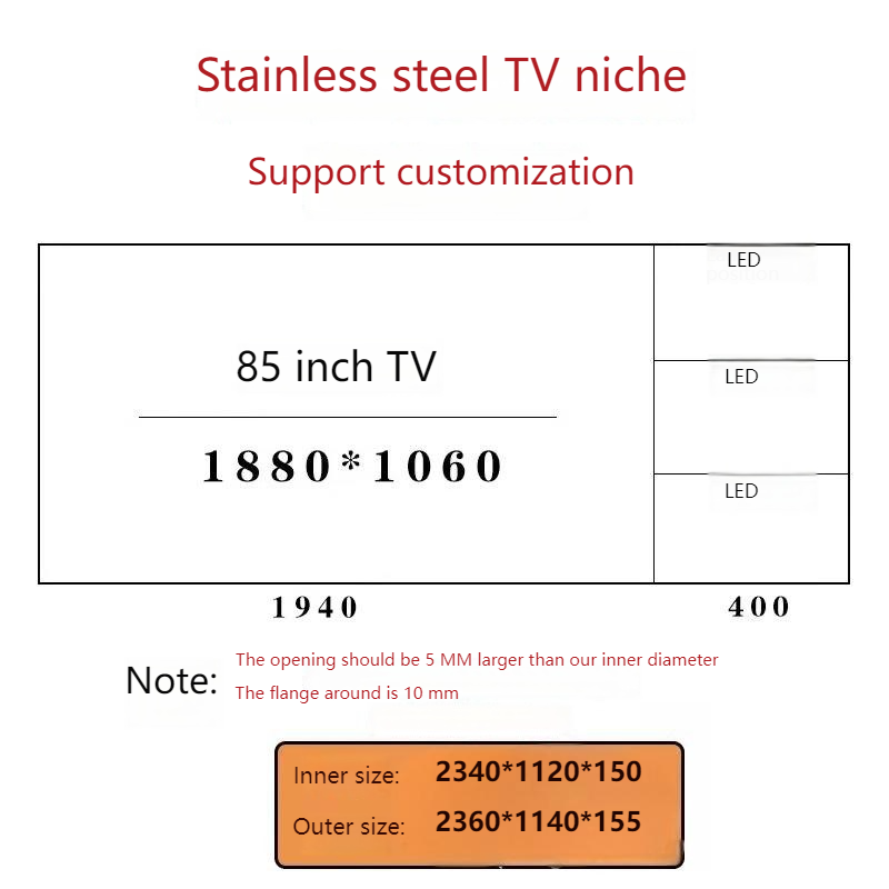 85 pouces en acier inoxydable tv niche avec stratifié