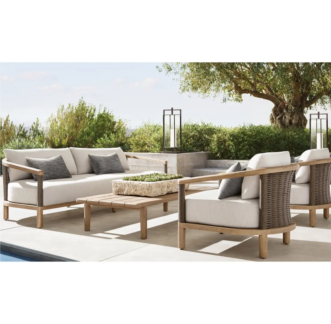 Modern garden luxury outdoor summer lounge furniture sets rattan weaving teak wood sofa