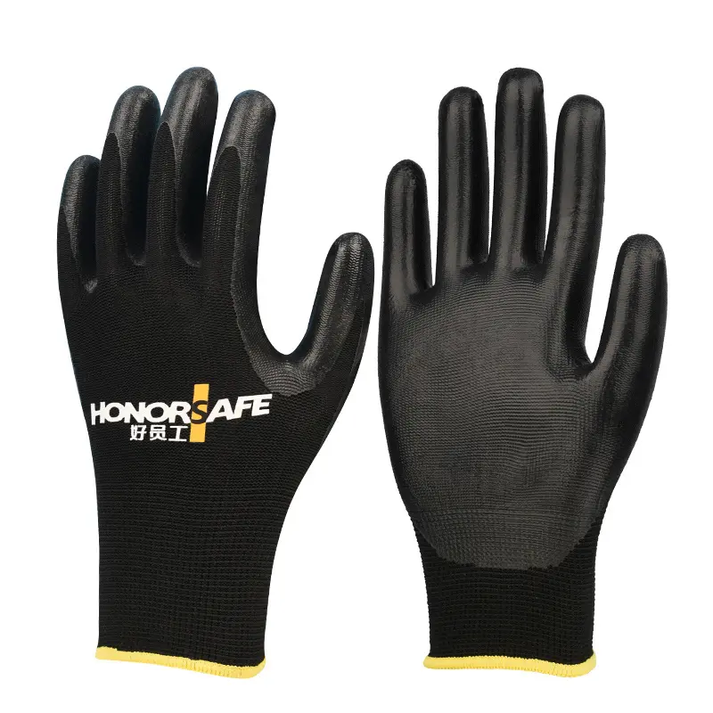 Guantes de seguridad recubiertos de Pu, guantes de trabajo de nailon, palma, negro, poliéster, PU, 13 calibres