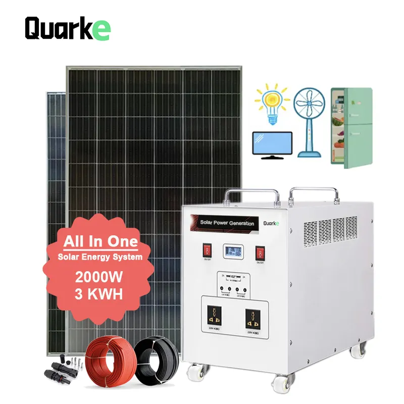 Quarke Africa Proveedores especiales de energía solar 2kw Kit de energía solar Sistema fuera de la red para nevera Computadora TV Ventilador y Luz