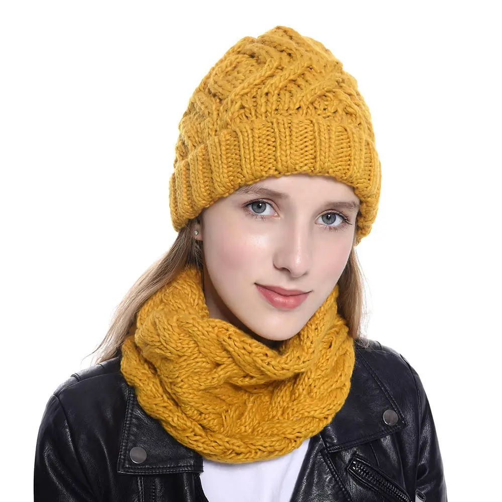 Gorro de esquí de lana gruesa y suave para hombre y mujer, gorros cálidos para el cuello, conjunto de gorro de lana cálido para invierno, conjunto de bufanda tejida, venta al por mayor